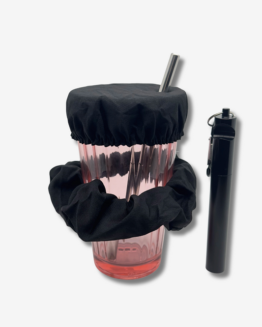 Set Anti-K.o. Tropfen Scrunchie Haargummi mit Getränke Becher Abdeckung + Edelstahlstrohhalm